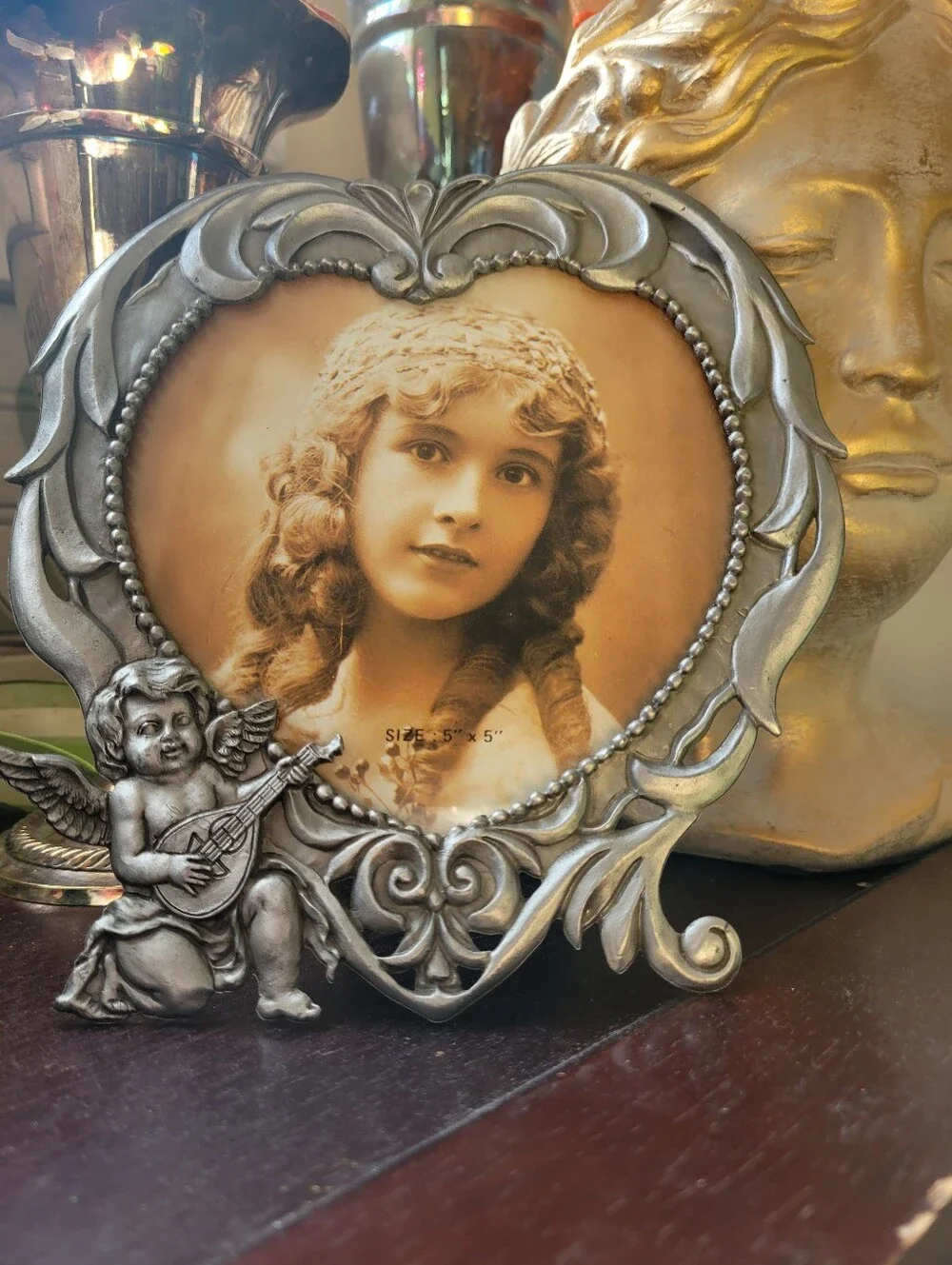Victorian Look Pewter Heart-Shaped Silver-tone Cherub Picture Frame ~ GUC